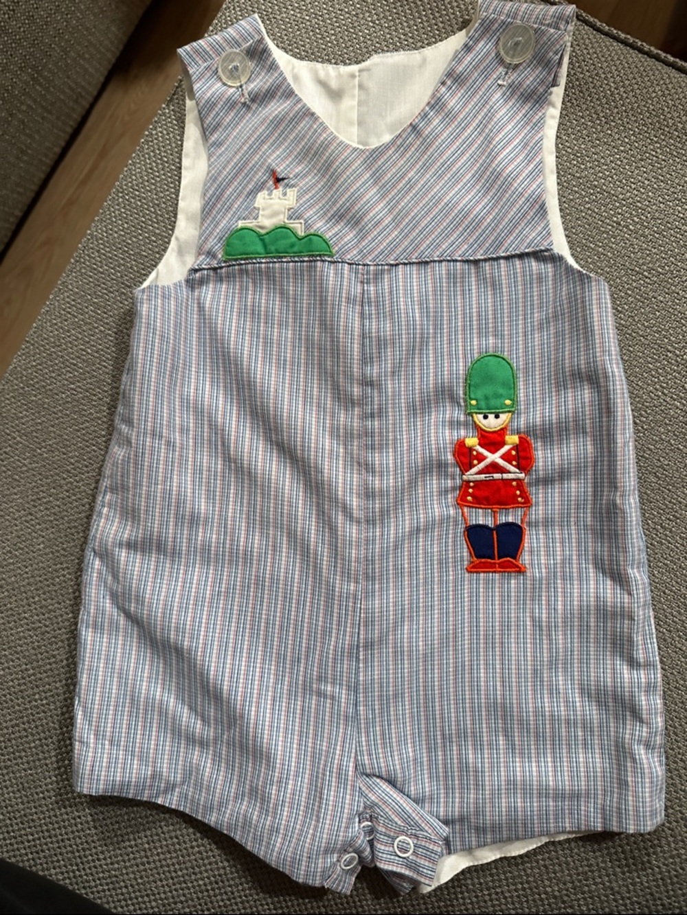 Vintage precious Baby Boy Blue & White Outfit with toy soldier button stripes